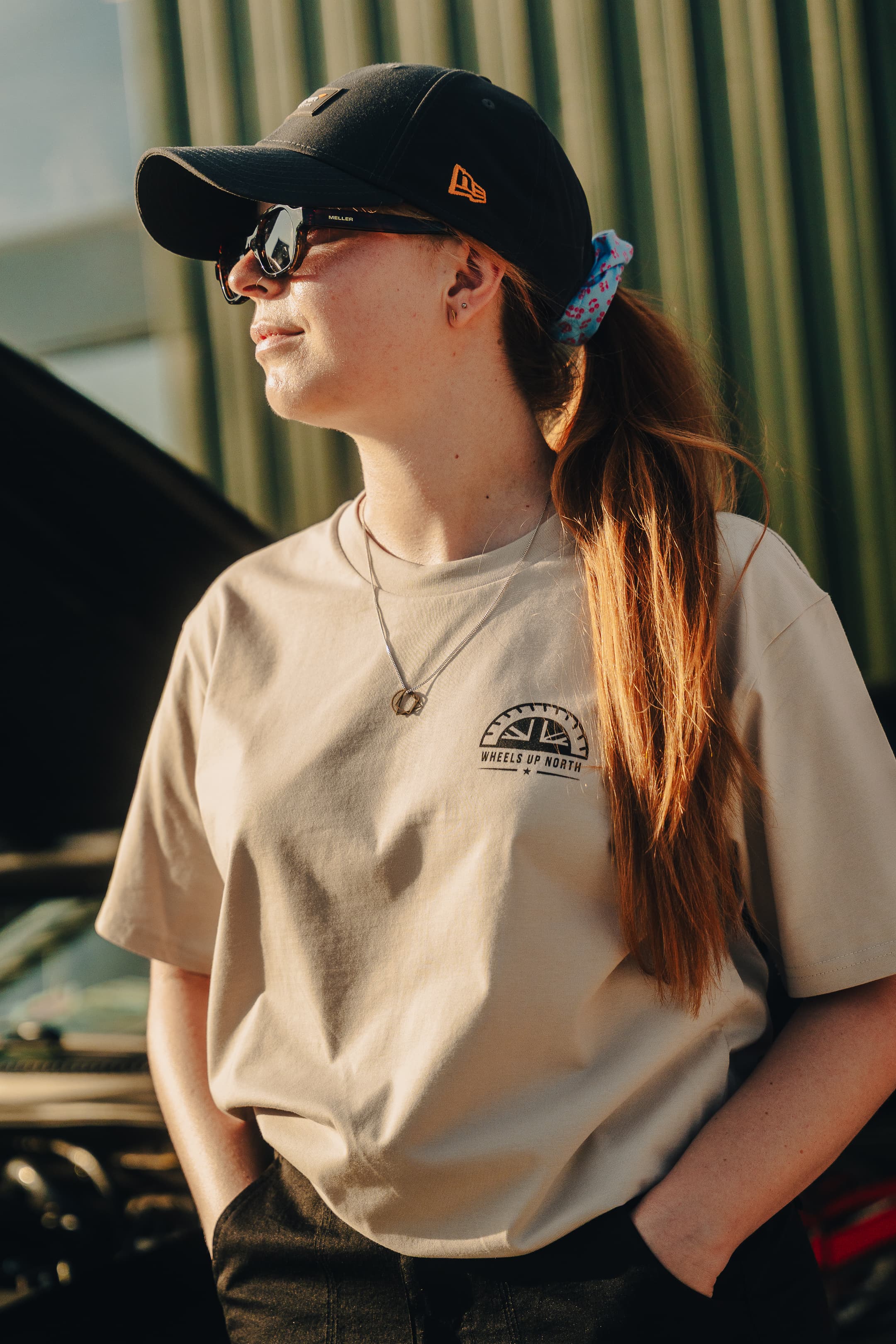 WUN JDM T-Shirt - Bone - woman wearing the bone wun jdm t-shirt with the small chest logo